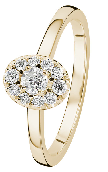 Kohinoor Olivia keltakultainen timanttisormus.033-410K-22. keskellä 1x 0,10 reunoilla 2 x 0,02 ja 8 x 0,01 timanteilla - Timanttisormukset - 033-410K-22-160 - 1